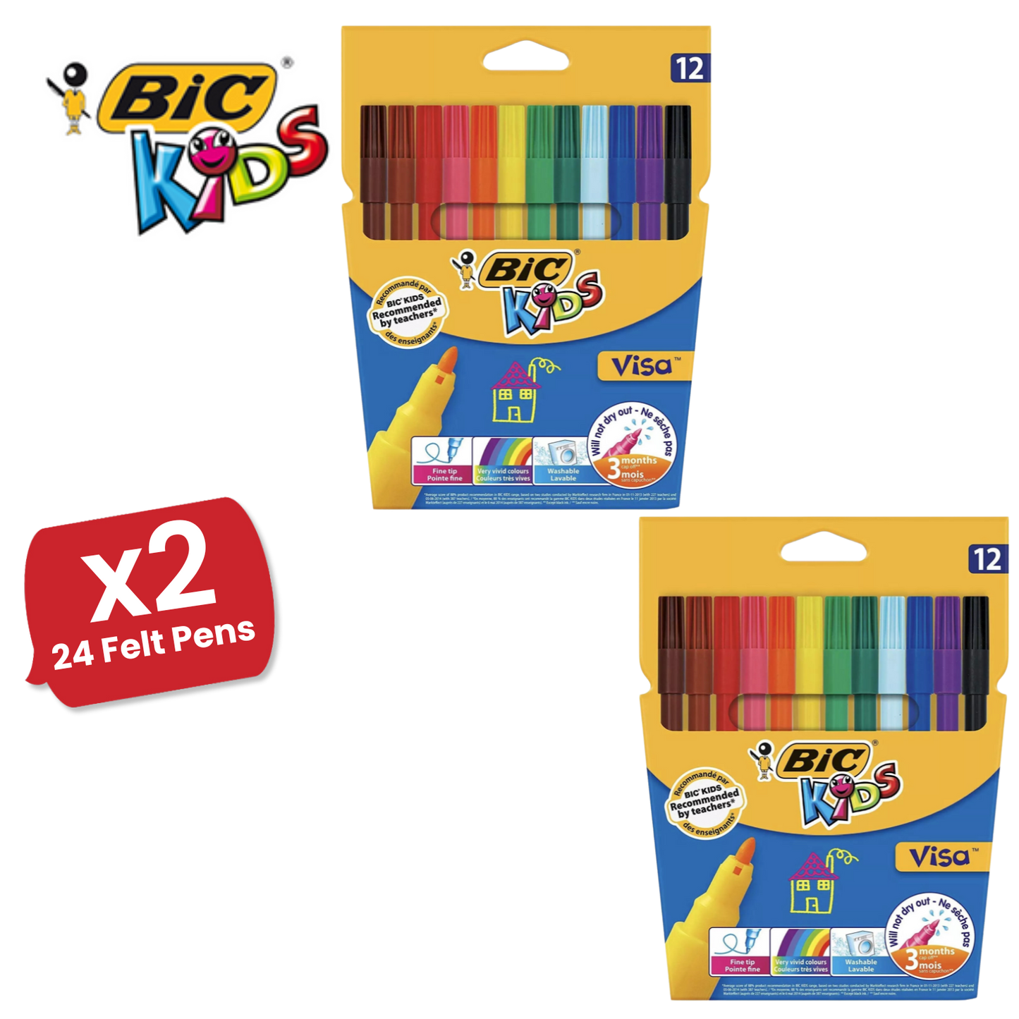 BIC Kids Visa Felt Pens Assorted Colours - Wallet of 12 - 1 to 5 Packs