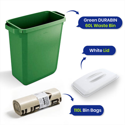 DURABIN 60L Green Bin Set & White Lid and 25x 110L Recycled Bin Bags