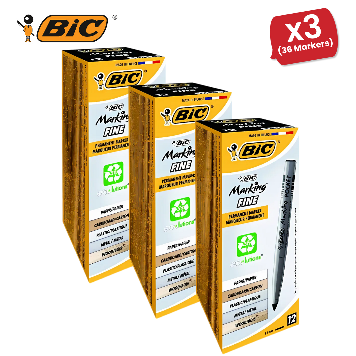 Bic Pocket Permanent Black Bullet Tip Marker (Pack of 12) 8209021 - 3 Packs