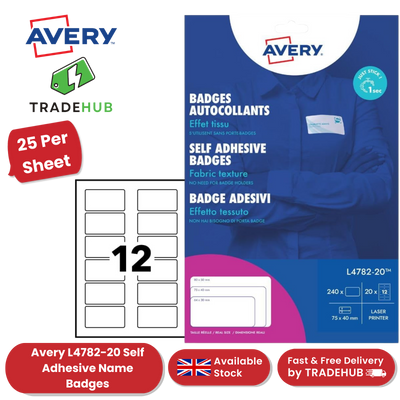 Avery L4782-20 Self Adhesive Name Badges, 240 Per Pack 75 x 40 mm - 1 to 5