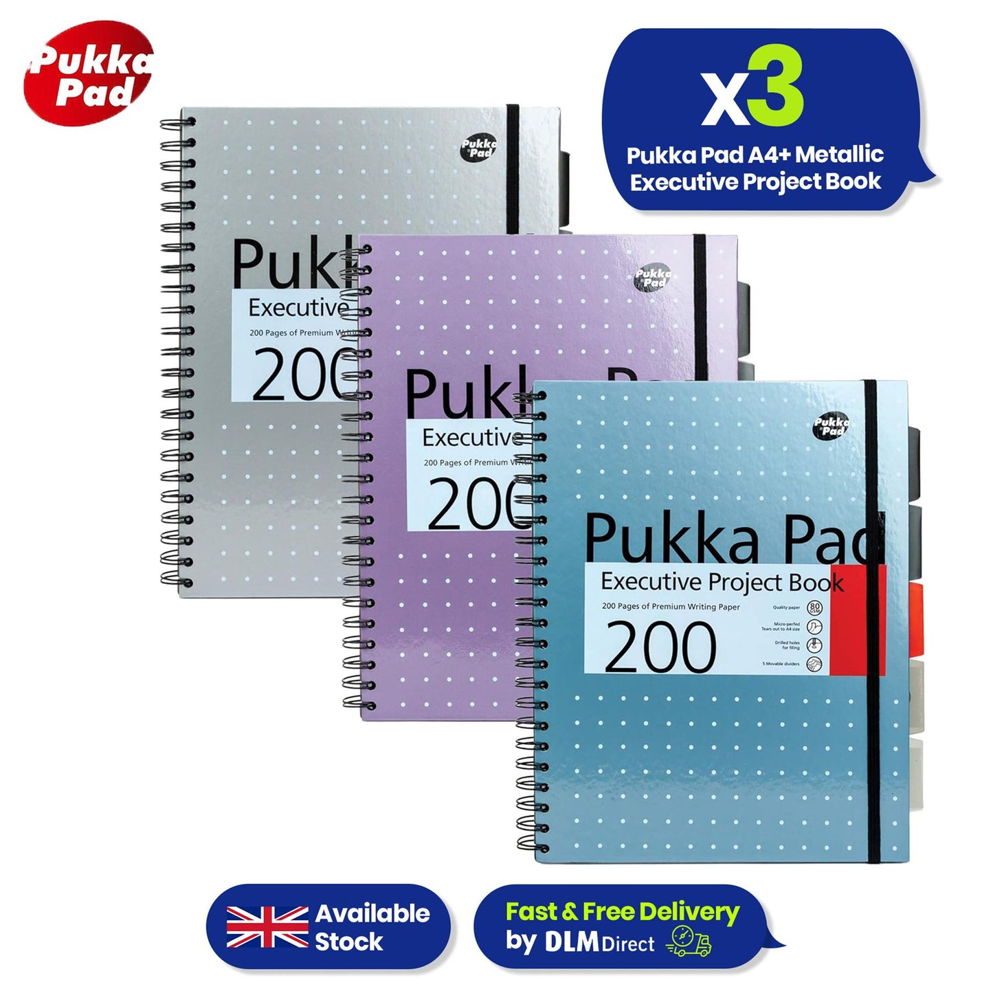 Pukka Pad Project Book Metallic Journal Notebook with Dividers & Pockets Writing Notepad for School Office Home (Pack of 3)