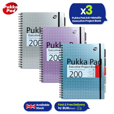 Pukka Pad Project Book Metallic Journal Notebook with Dividers & Pockets Writing Notepad for School Office Home (Pack of 3)