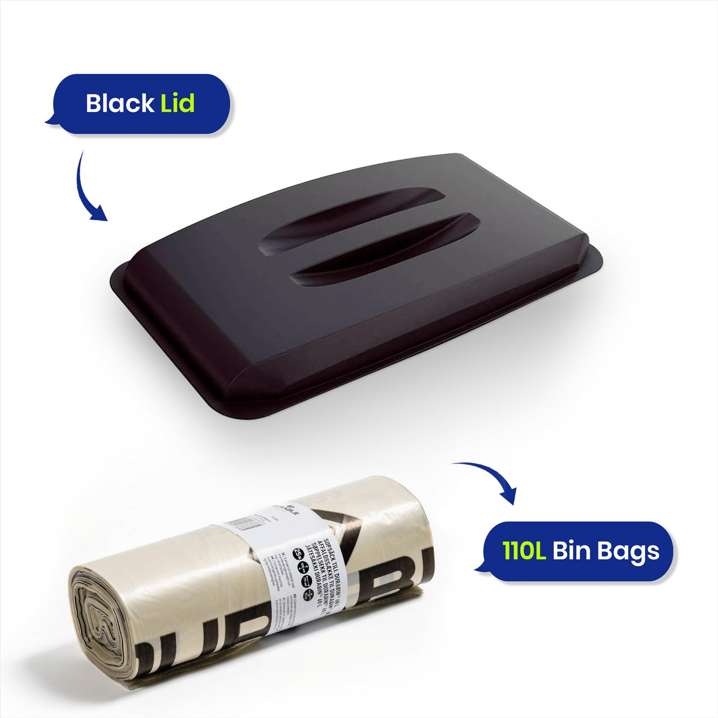 DURABIN 60L Black Lid and 25x 110L Recycled Bin Bags Set for Daily Waste Handling