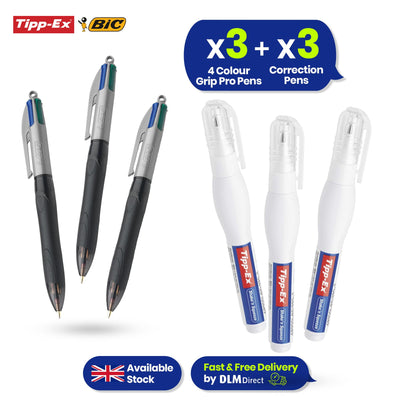 3x BIC 4 Colours Grip Pens Pro & Tipp-Ex Fluid Correction Pens 3-Pack for Office Use