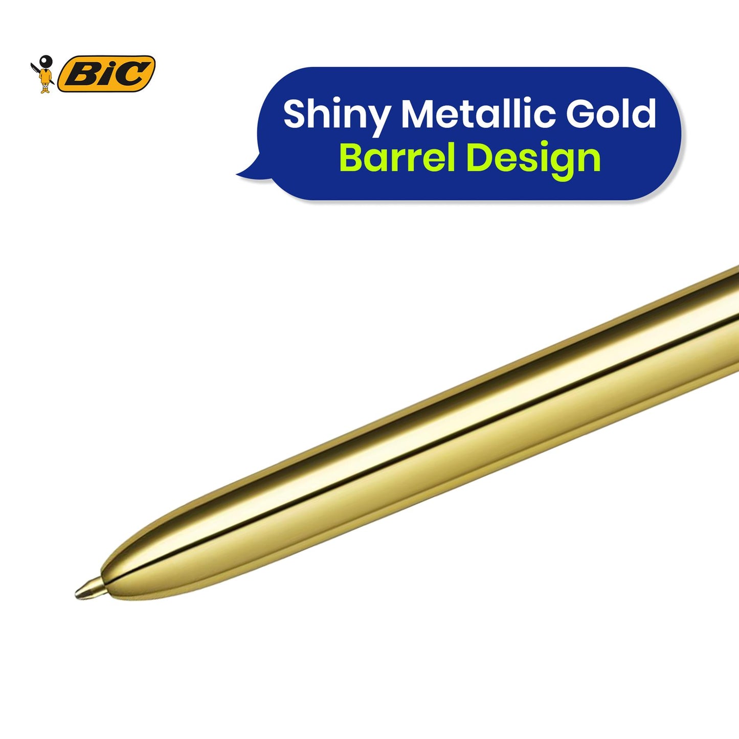 BIC 4 Colours Shine Ballpoint Pens Set of 12 Refillable Biros Gold Metal Barrel for Office and School