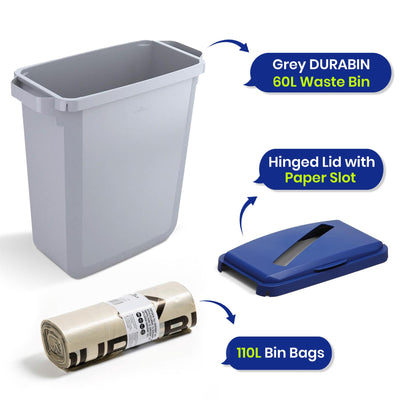 DURABIN 60L Grey Bin Set and Blue Hinged Lid with Paper Slot & 25x 110L Bin Bags