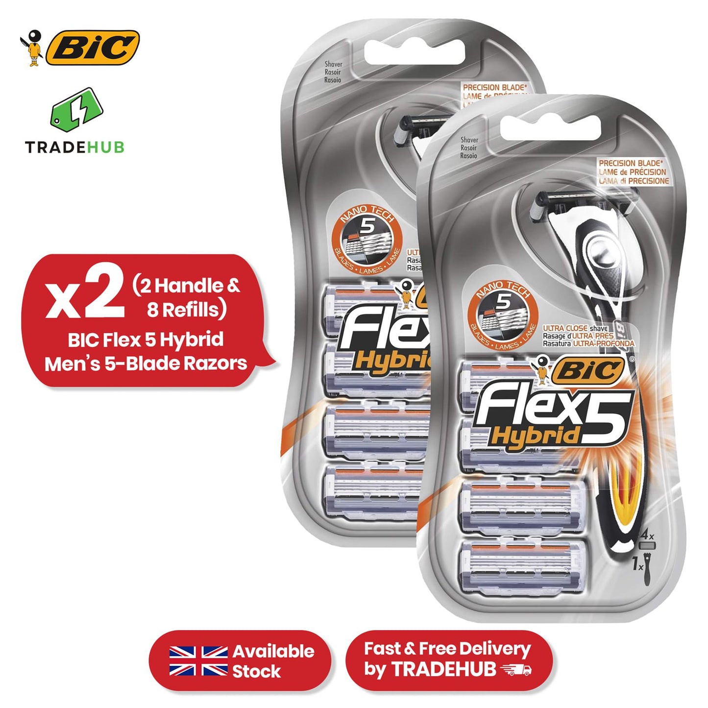 BIC Flex 5 Hybrid, Men's 5-Blade Razors, Precision Blade for Accuracy, Pack with 1 Handle and 4 Refills