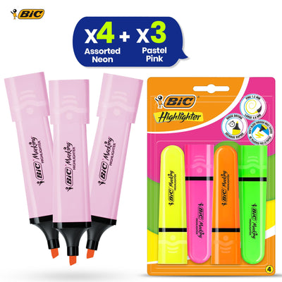 BIC Highlighter Flat Marker Pastel Pink Pack of 3 & 4x Assorted Neon Chisel Tip Markers
