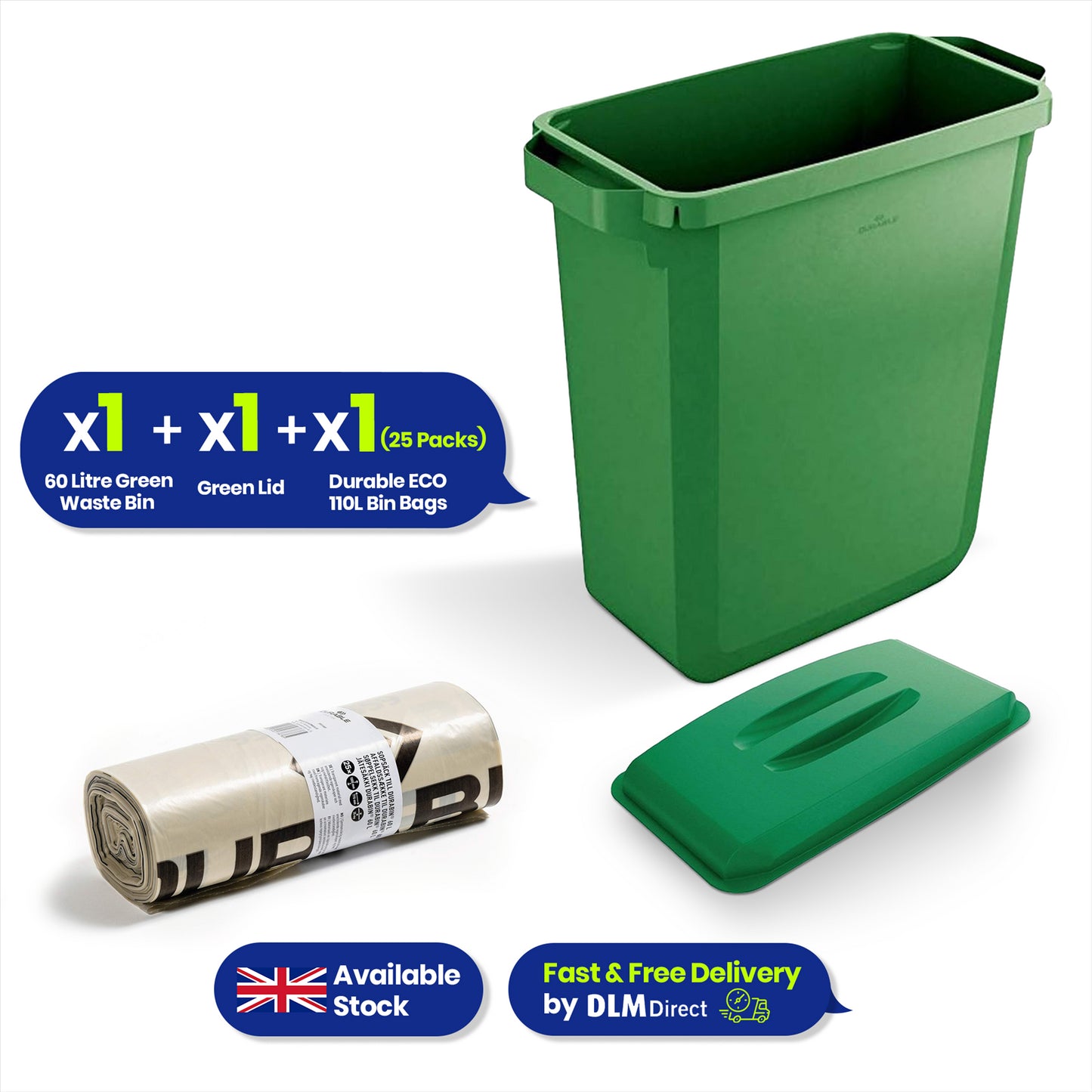 DURABIN 60L Green Bin Set & Green Lid and 25x 110L Recycled Bin Bags