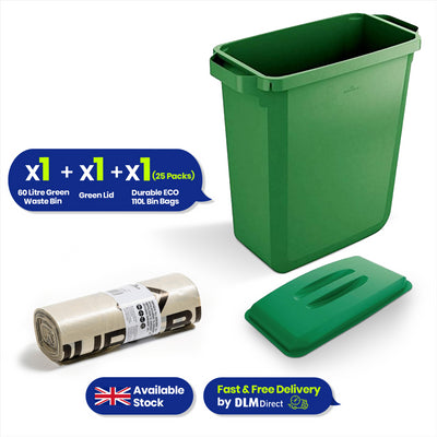 DURABIN 60L Green Bin Set & Green Lid and 25x 110L Recycled Bin Bags
