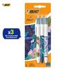 BIC 4 Colours Ball Pens Botanical Pack of 3 with Black Blue Red Green Ink