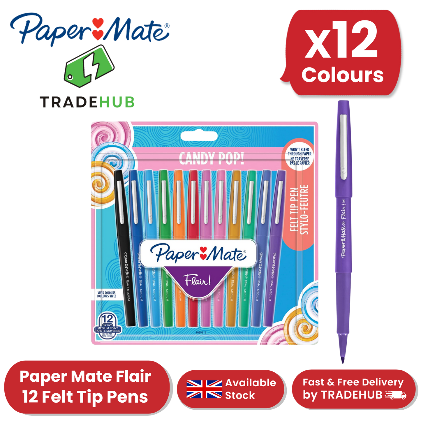 Paper Mate Flair Felt Tip Pens Candy Pop (12-Pack) - Vibrant Colors No-Bleed Ink