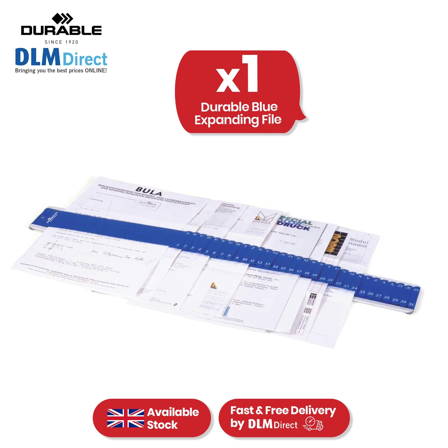 Durable Blue Expanding File Organiser, A-Z & 1-31 Polypropylene Folder ...