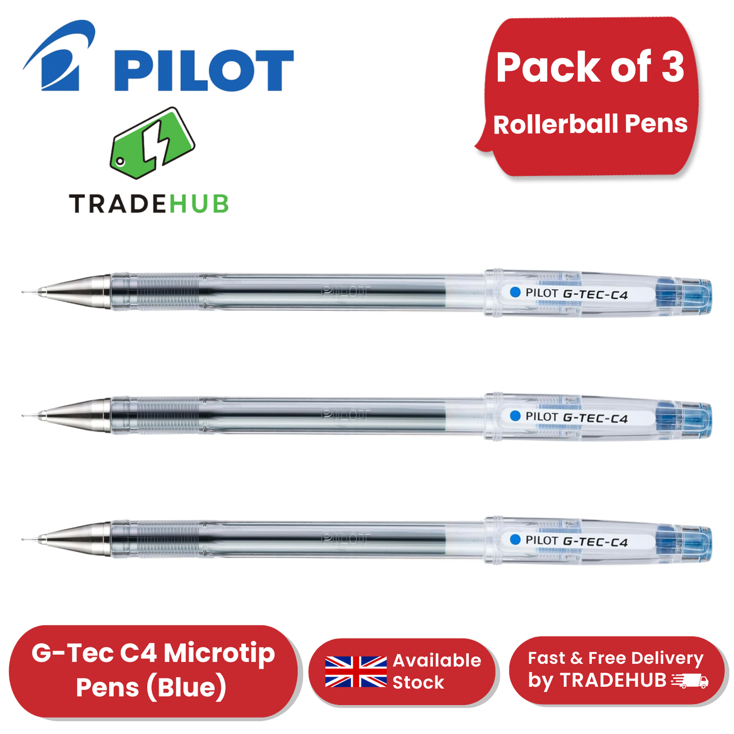 Pilot G - Tec C4 Gel Microtip Rollerball Pens 0.4 mm Tip (Pack of 3) - Blue
