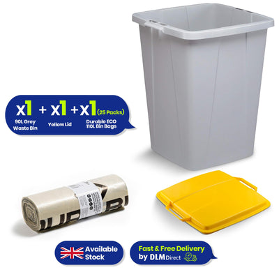 "DURABIN 90L Grey Bin with Yellow Lid and 25x 110L Recycled Bin Bags for Everyday Use