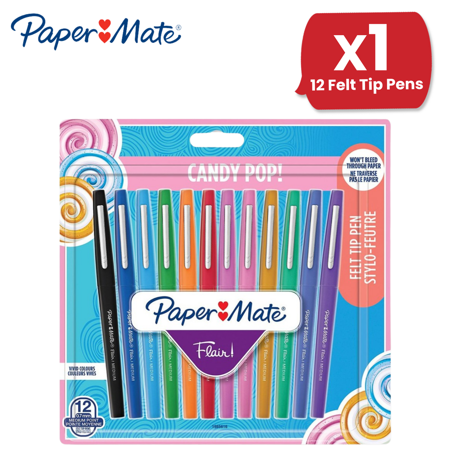 Paper Mate Flair Felt Tip Pens Candy Pop (12-Pack) - Vibrant Colors No-Bleed Ink