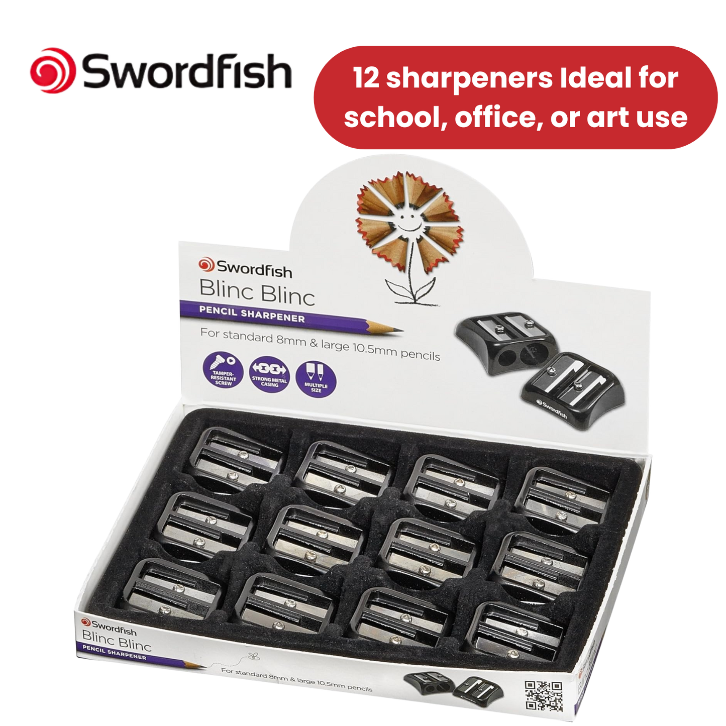Swordfish Blinc Blinc Double-Hole Zinc Pencil Sharpener, Black - Pack of 12