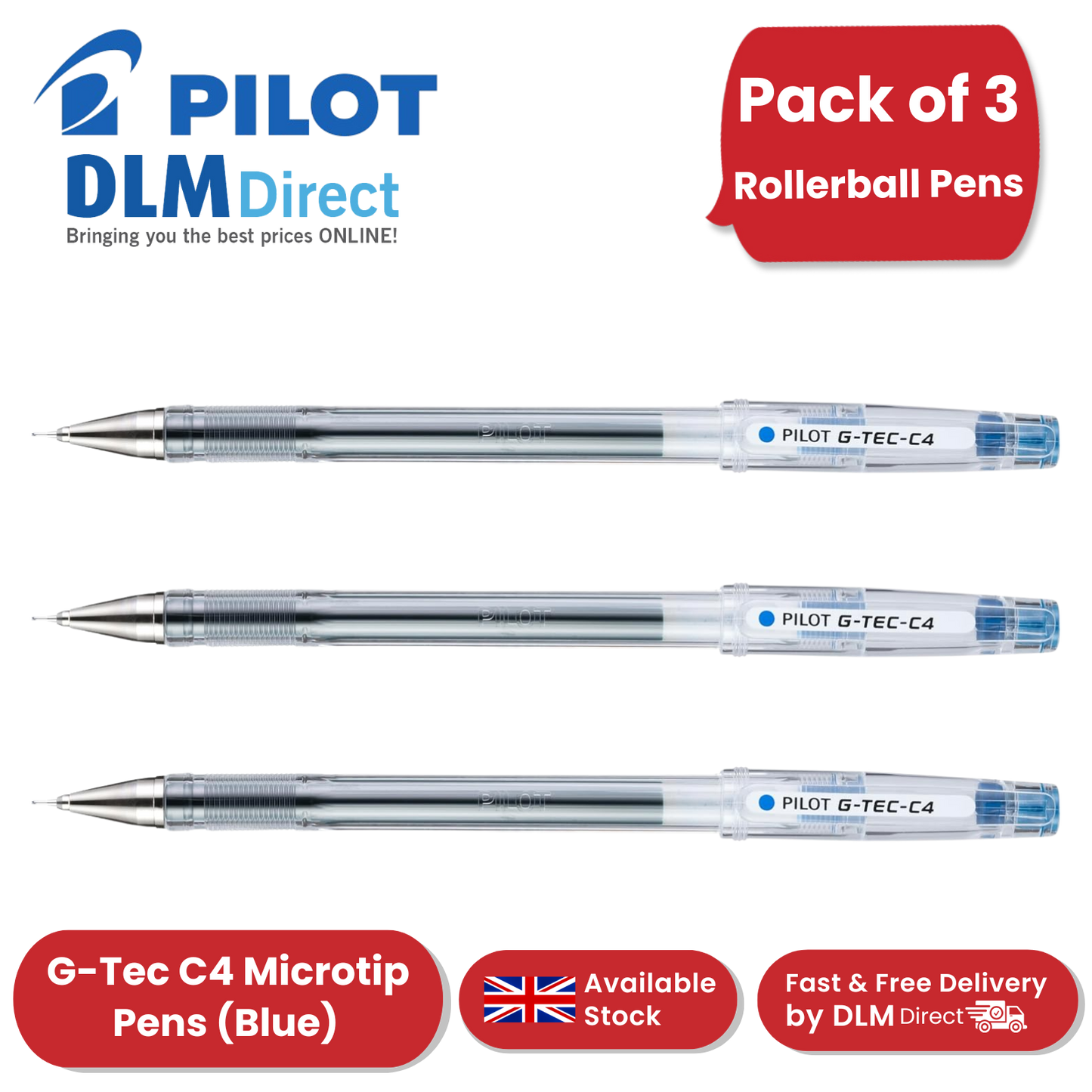 Pilot G - Tec C4 Gel Microtip Rollerball Pens 0.4 mm Tip (Pack of 3) - Blue