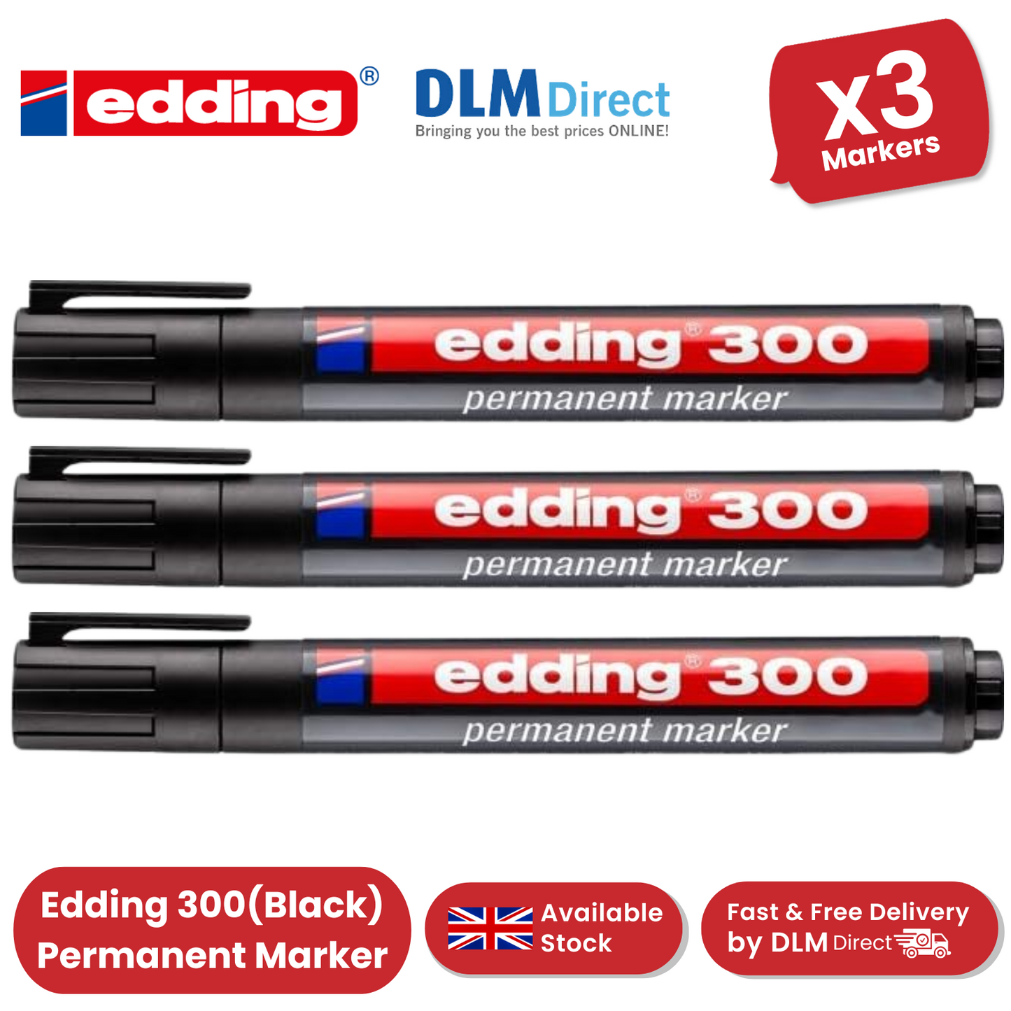 Edding 300 Permanent Marker Bullet 1.5-3mm Black - Pack of 3