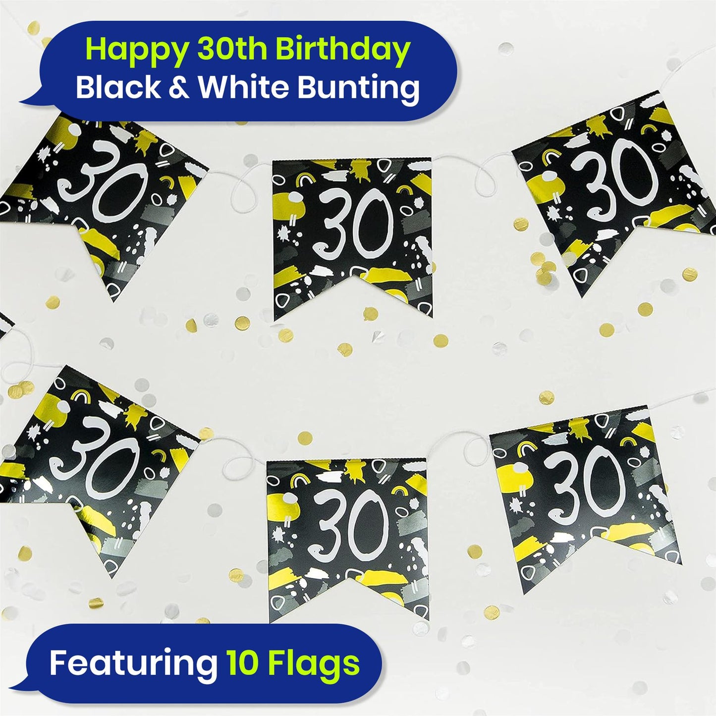 Happy 30th Birthday Black and White Bunting 4M Party Banner with 10 Flags Durable