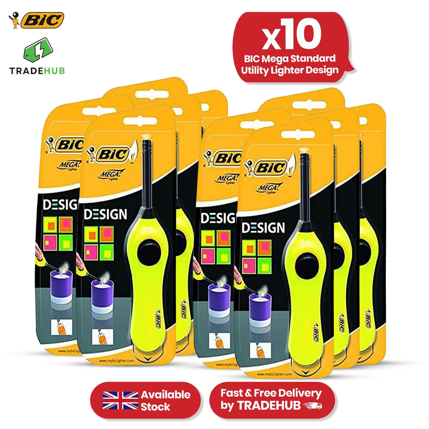 BIC Mega Utility Lighter - Plastic 6cm Wand Cooking Lighter, Push Button Lighters for BBQ