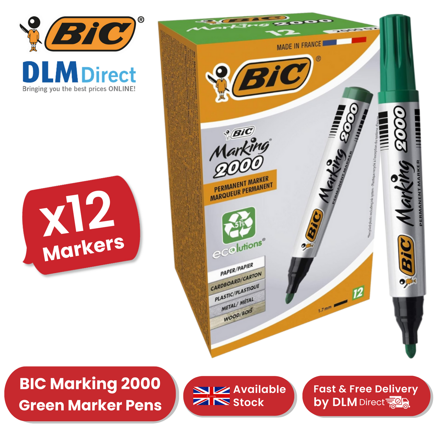 BIC Marking 2000 Ecolutions Permanent Markers Green 1.7mm Bullet Tip Pack of 12