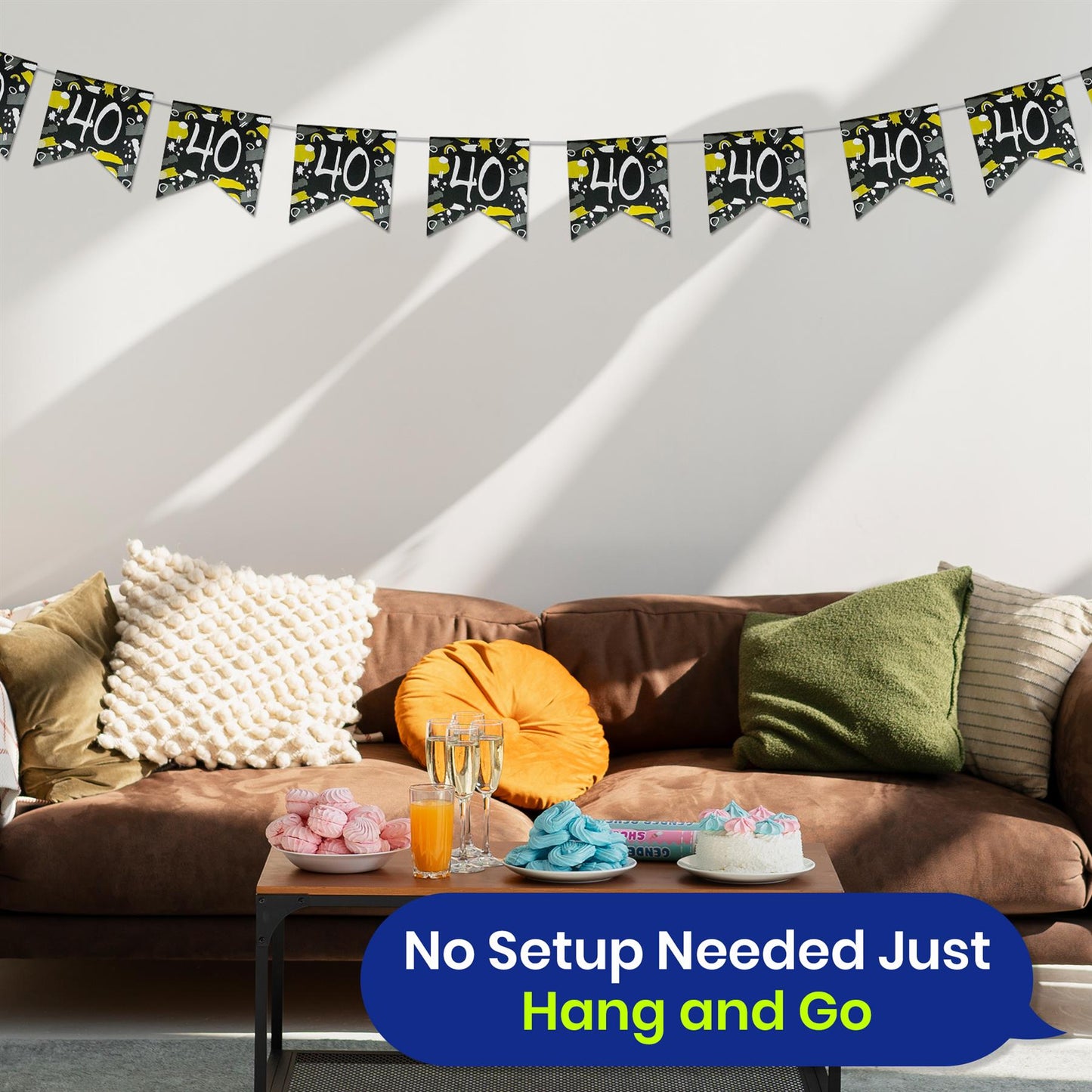 Black and White 40th Birthday Banner and Bunting Decor Set for Party Spaces