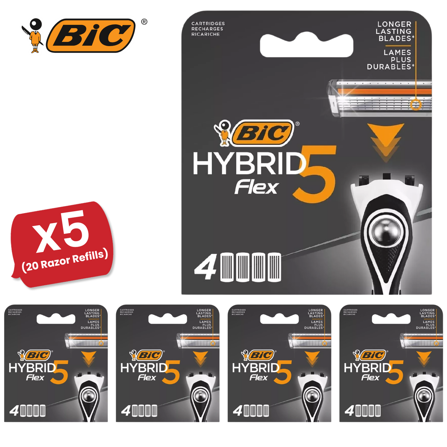 BIC Flex 5 Hybrid Men's Razor Refills  - Box of 4 Cartridges