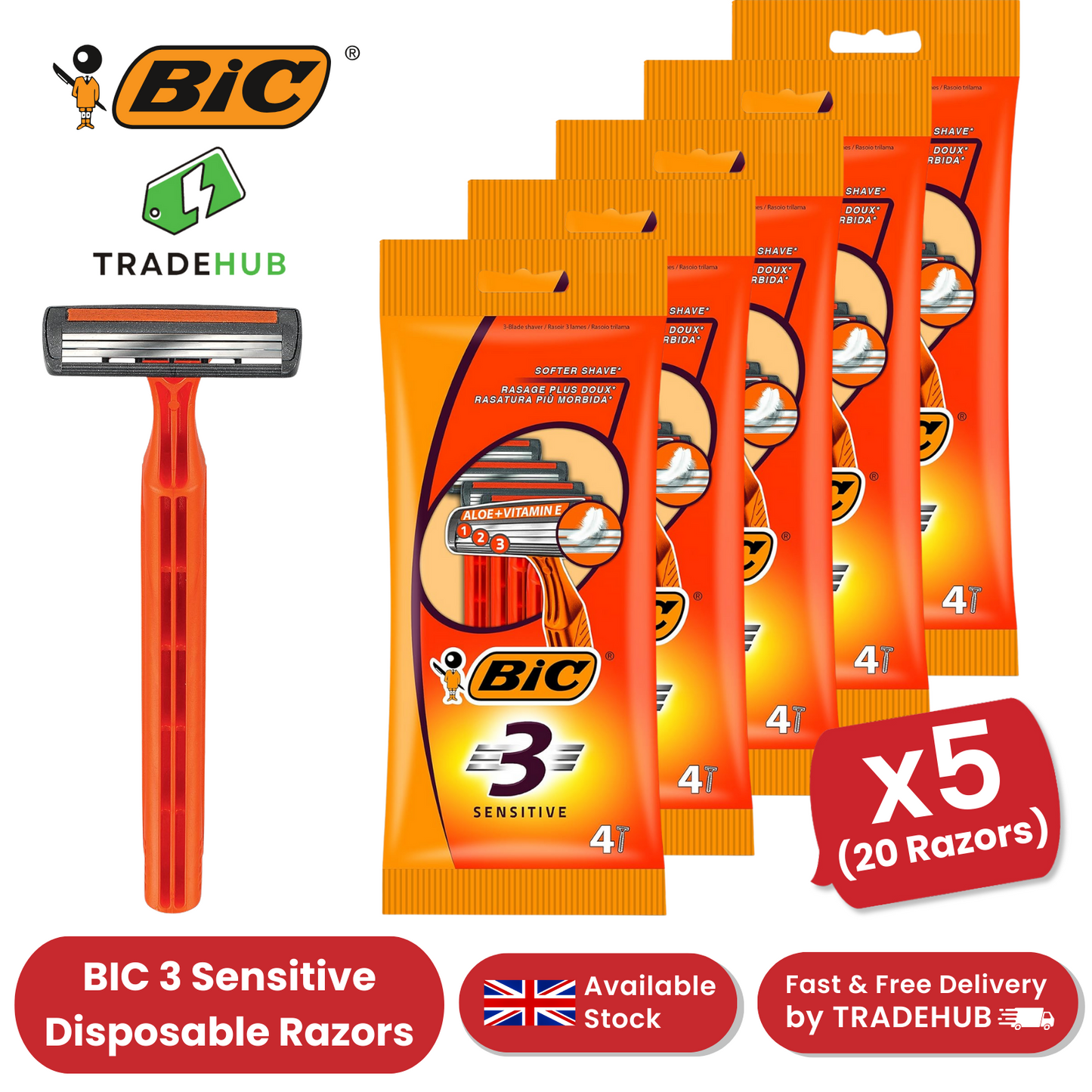 BIC 3 Sensitive 3-Blade Disposable Razors for Men Aloe + Vitamin E - 5 Pack