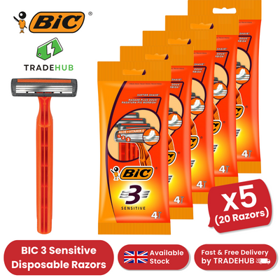 BIC 3 Sensitive 3-Blade Disposable Razors for Men Aloe + Vitamin E - 5 Pack