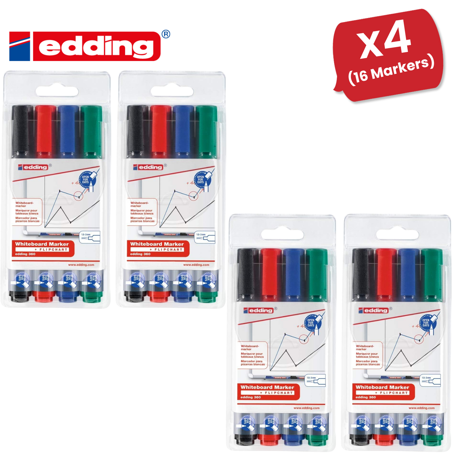 Edding 360 Drywipe Marker Assorted Pack of 4 - 1 to 5 Packs
