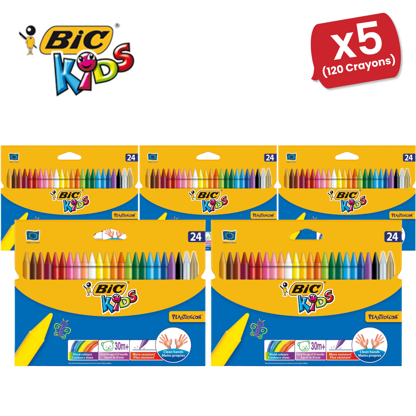 BIC Kids Plastidecor Crayons Assorted Colours - Wallet of 24 - 1 to 5 Packs