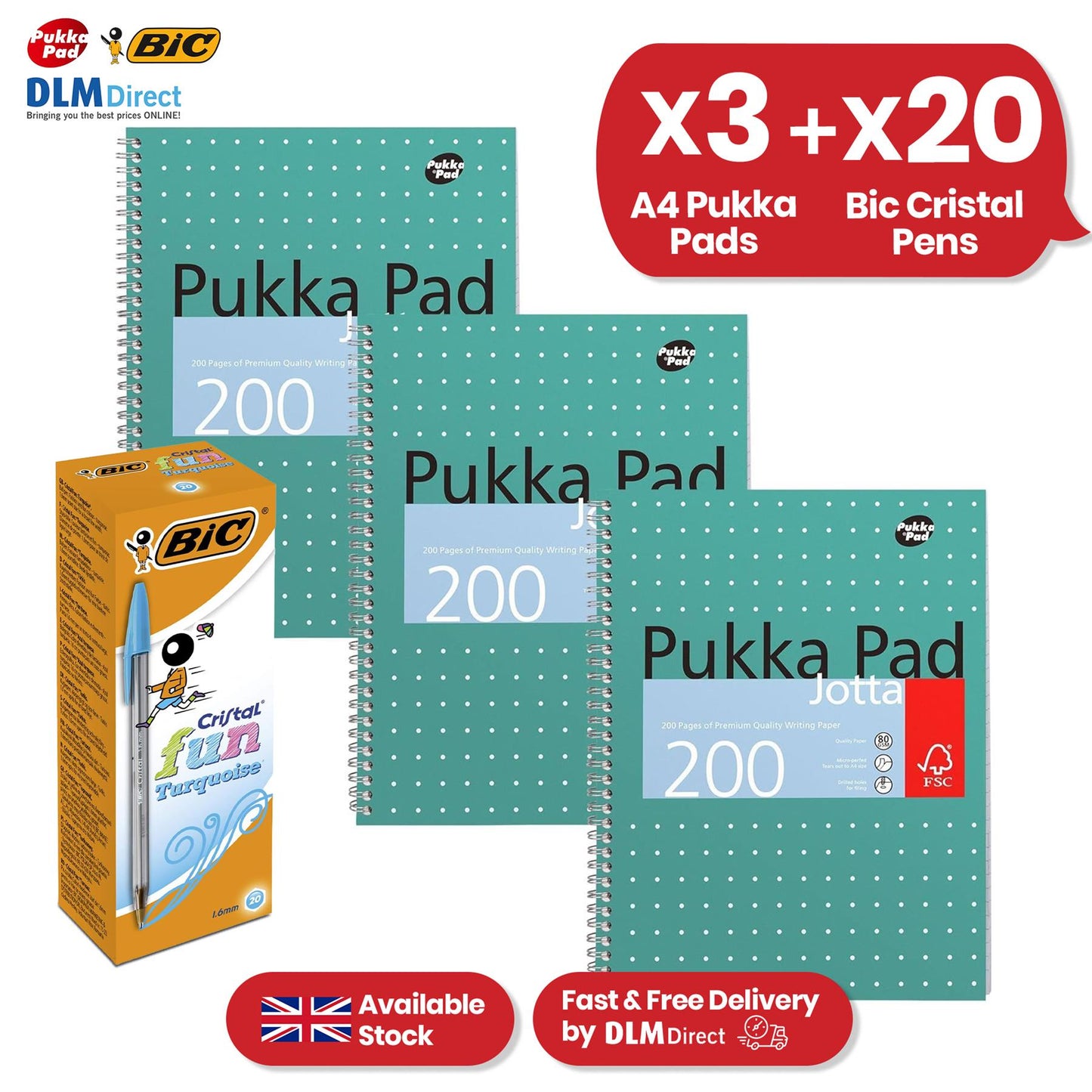 Pukka Pad A4 Jotta Book 3 Pack with BIC Cristal Fun Turquoise Pens 20 Pack 1.6mm