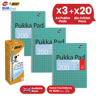 Pukka Pad A4 Jotta Book 3 Pack with BIC Cristal Fun Turquoise Pens 20 Pack 1.6mm