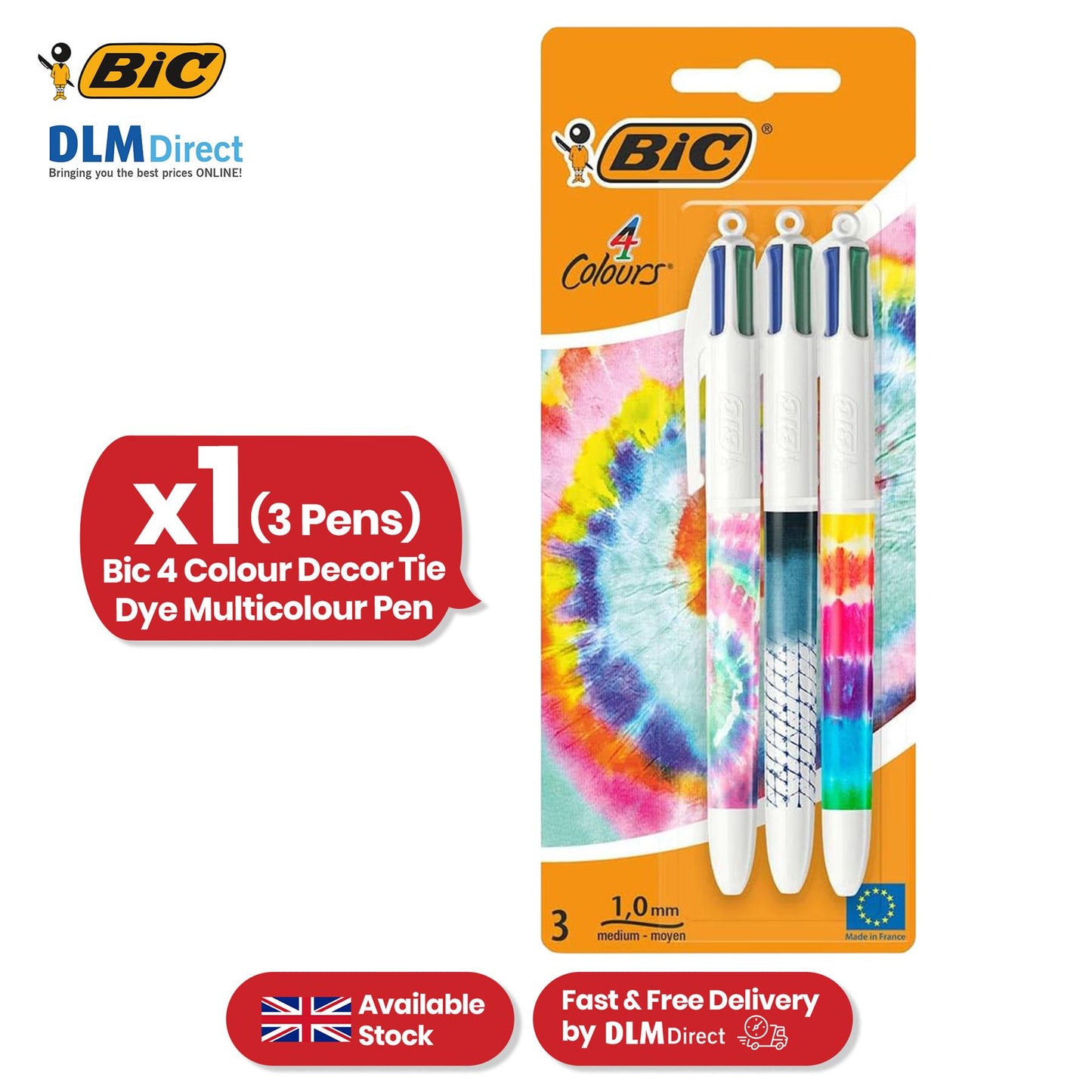 BIC 4 Colour Tie Dye Ballpoint Pens - Retractable Coloured Ballpoint Pens for Projects
