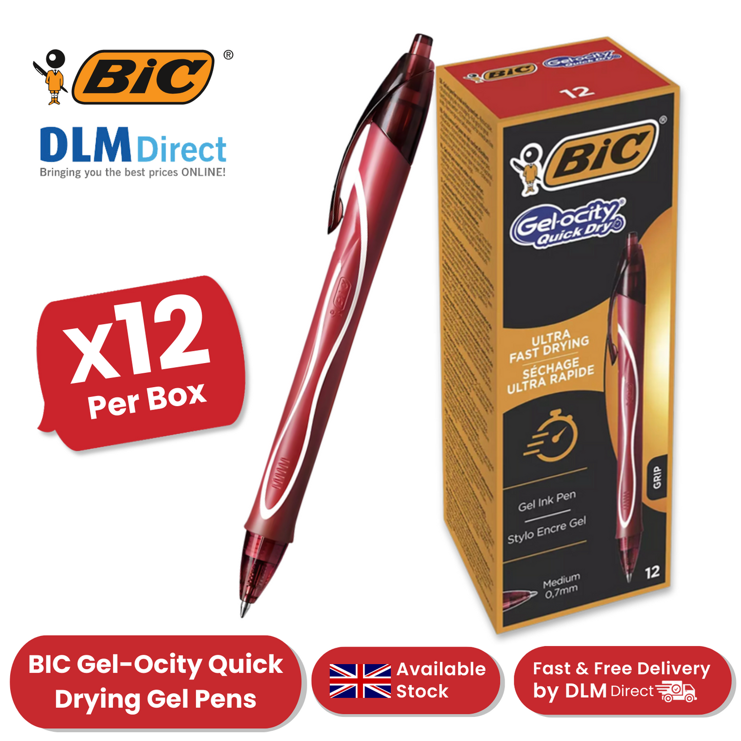 BIC Gel-ocity Quick Dry Rollerball Pens Red Medium Smooth Writing Ink Pack of 12