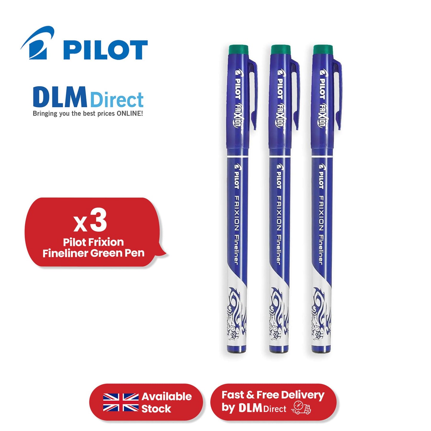 Pilot Frixion Fineliner Pens,  Erasable, 1.3mm Fine Tip, Green, Pack of 3