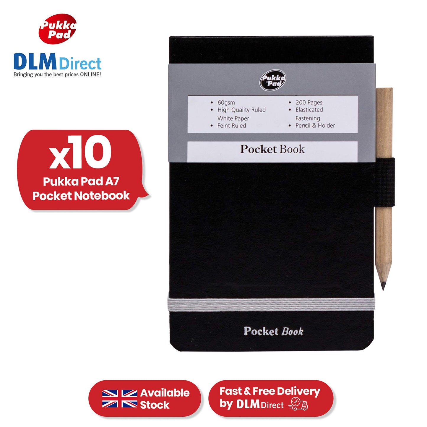 Pukka Pad Pocket Book - 200 Pgs A7 Black Notepad with Pencil & Elastic Strap for Journaling