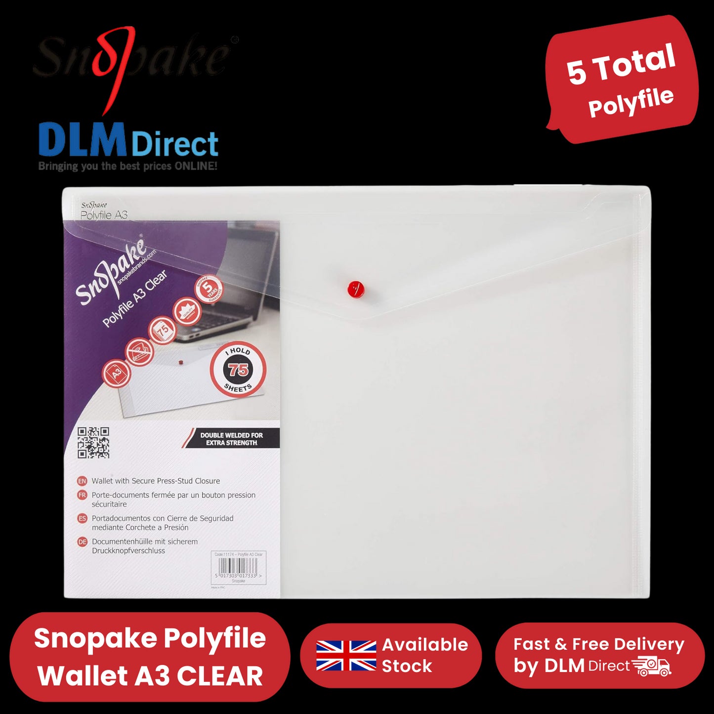 Snopake Polyfile Wallet A3 Clear - Durable Document Storage Solution Pack of 5