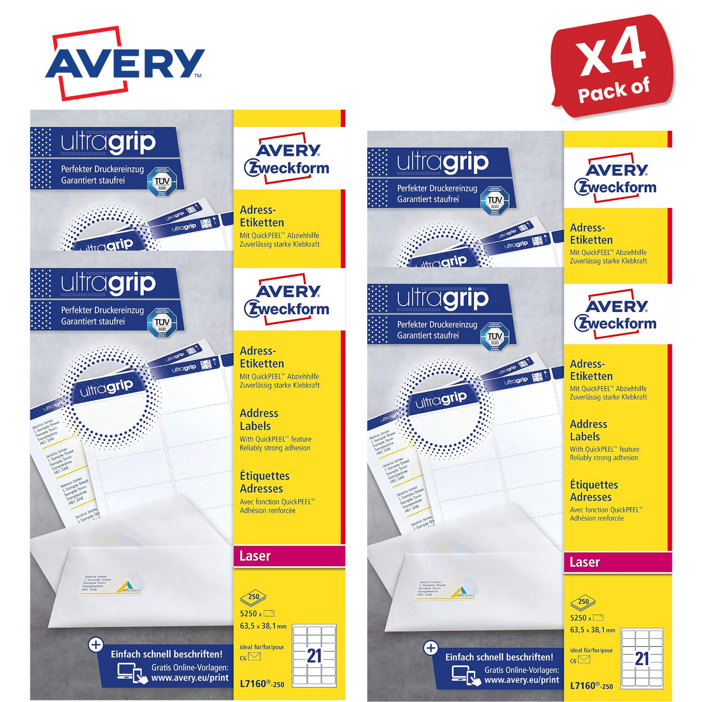 Avery L7160-250 Address Labels, 250 Sheets, 5250 Labels 63.5 x 38.1mm - 1 to 5