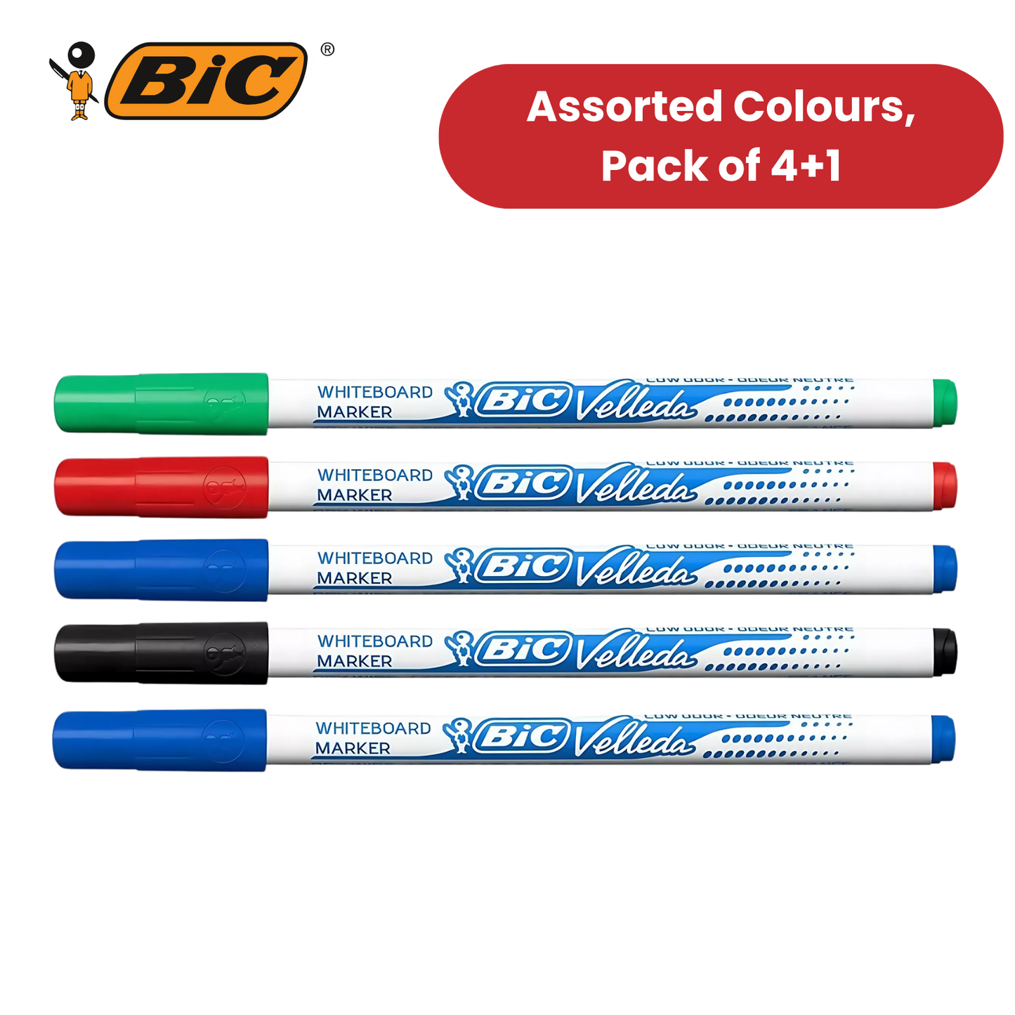 BIC Velleda 1721 Whiteboard Markers – 4+1 Pack, Assorted Colours, Smooth Writing