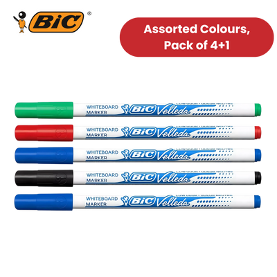 BIC Velleda 1721 Whiteboard Markers – 4+1 Pack, Assorted Colours, Smooth Writing