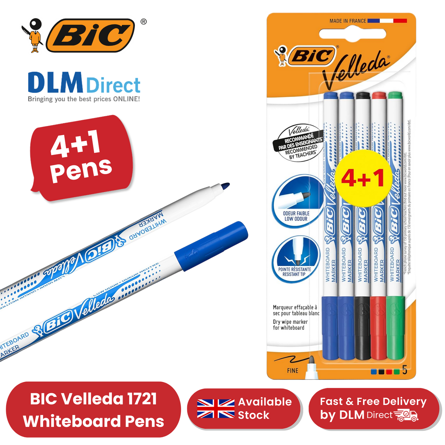 BIC Velleda 1721 Whiteboard Markers – 4+1 Pack, Assorted Colours, Smooth Writing