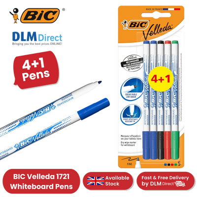 BIC Velleda 1721 Whiteboard Markers – 4+1 Pack, Assorted Colours, Smooth Writing