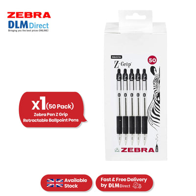 Zebra Ballpoint Pen Black Z Grip Retractable Pen 1.0mm Medium Point Biro for School Office (Pack of 50)