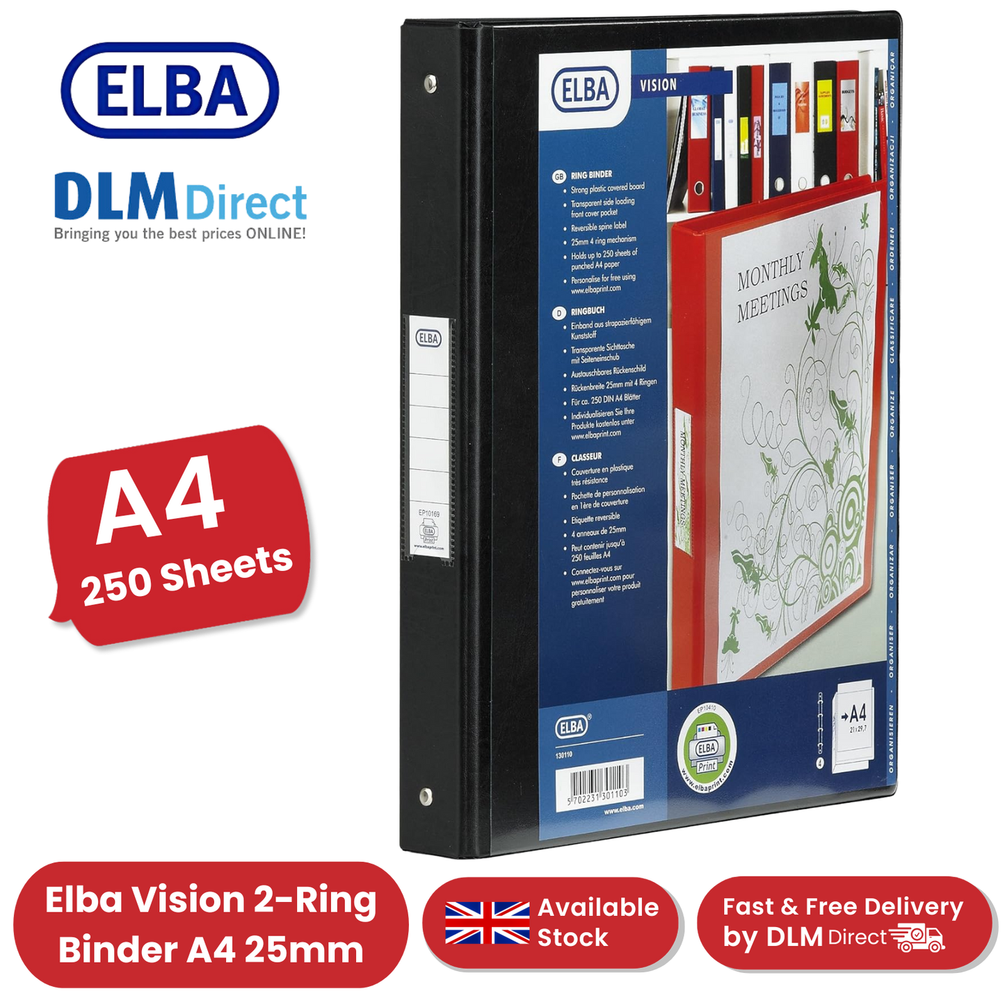 ELBA VISION 2-RING BINDER A4 25MM BLK - 1 to 5 Packs