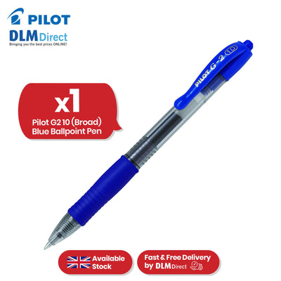 Pilot G2 10 Broad Blue Ballpoint - Retractable Pen, 0.6mm Refillable Biro for Kids