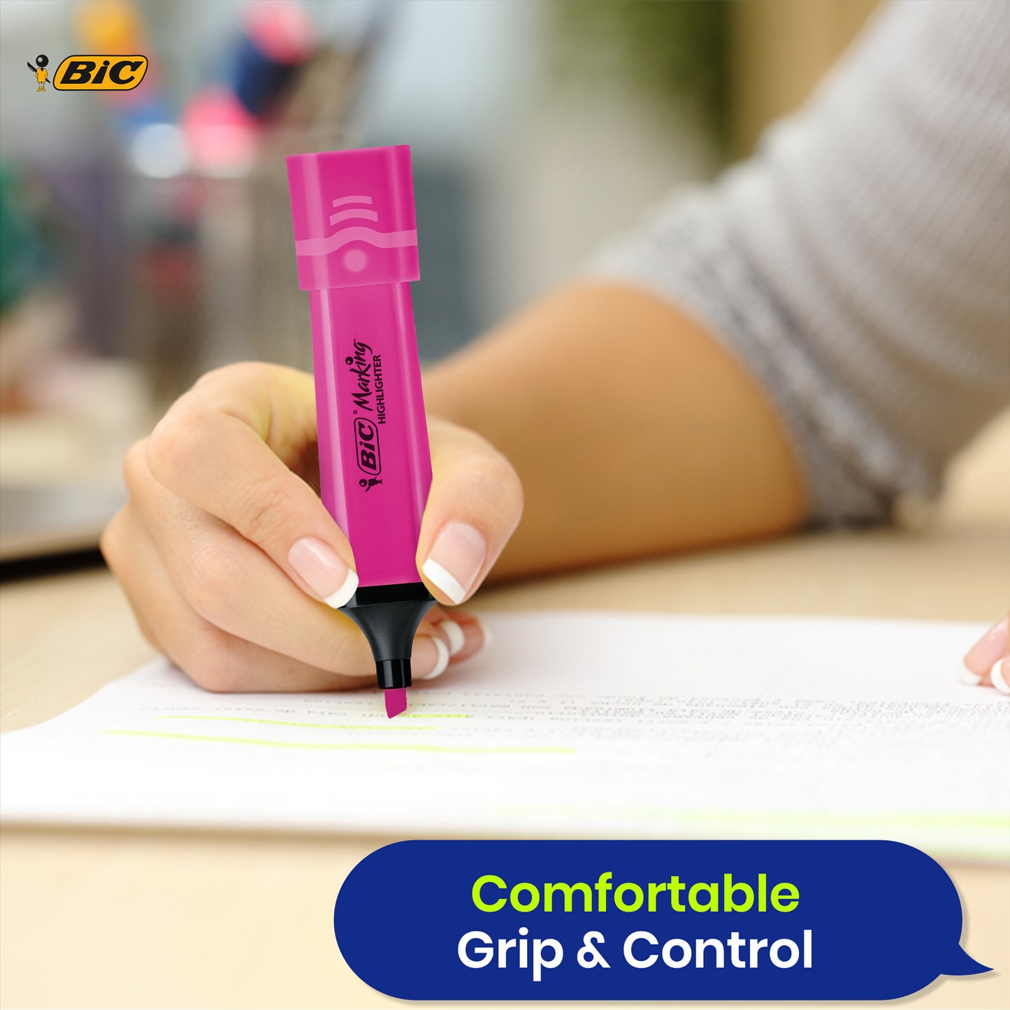 BIC 3x Marking Highlighter Flat Marker Neon Pink Modular Tip for Precise Highlighting