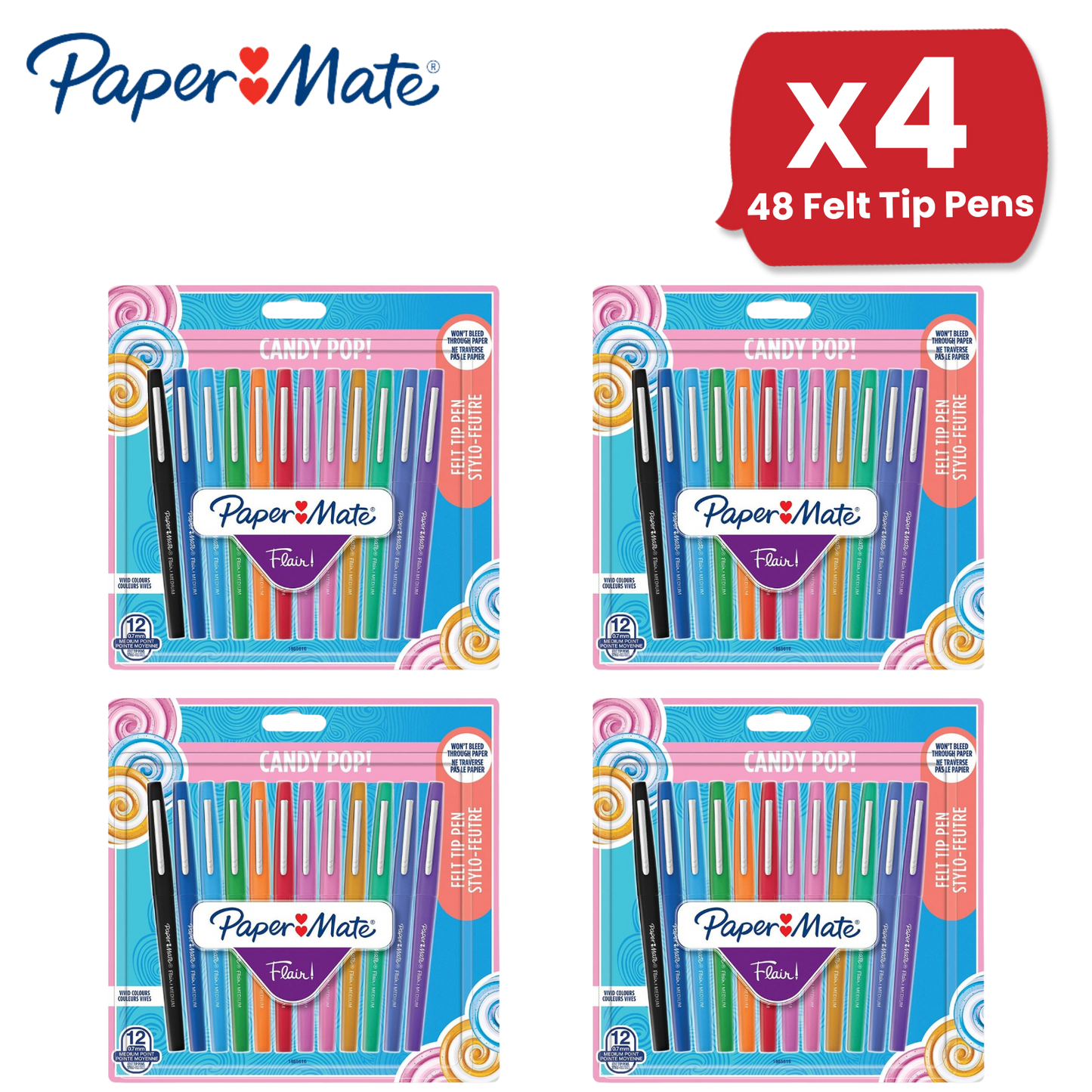 Paper Mate Flair Felt Tip Pens Candy Pop (12-Pack) - Vibrant Colors No-Bleed Ink