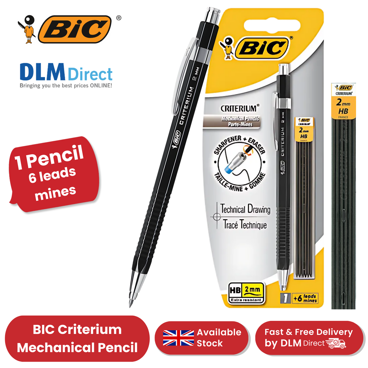 BIC Criterium 2mm Lead Mechanical Pencil  Plus 6 Leads),Black - Pack of 1 to 5